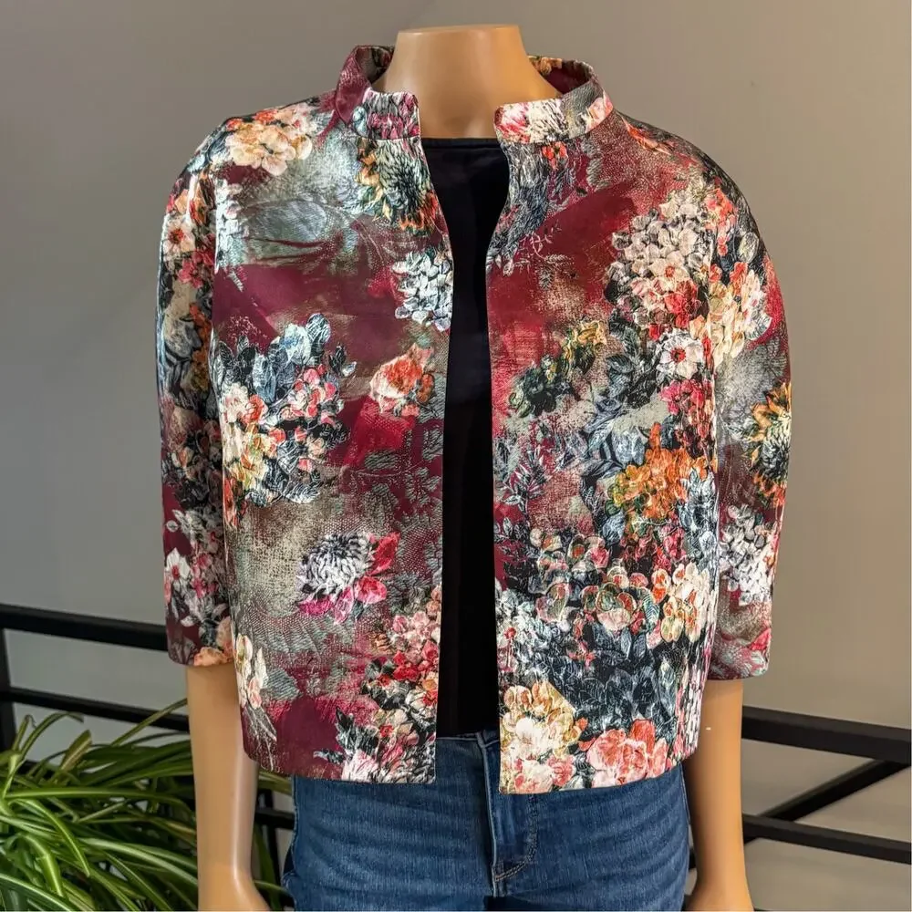 Vintage Blue Les Copains Jacquard Crop Floral Evening Jacket, Size US 8 / M / 44